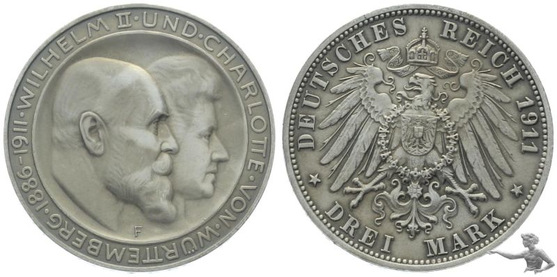 Württemberg 3 Mark 1908 Wilhelm + Charlotte